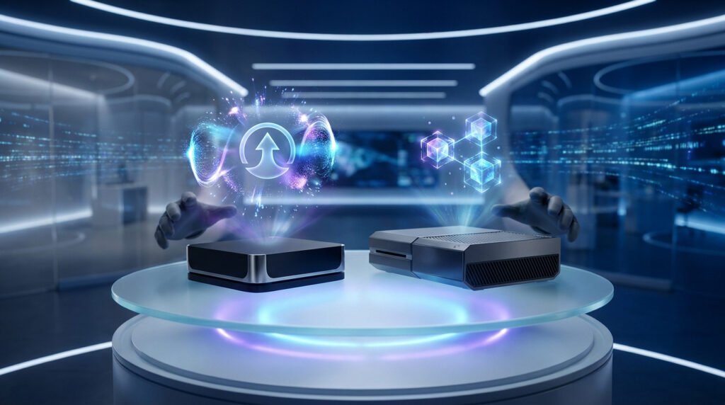 Mains manipulant des hologrammes numériques au-dessus de deux consoles de jeux futuristes sur une table lumineuse.