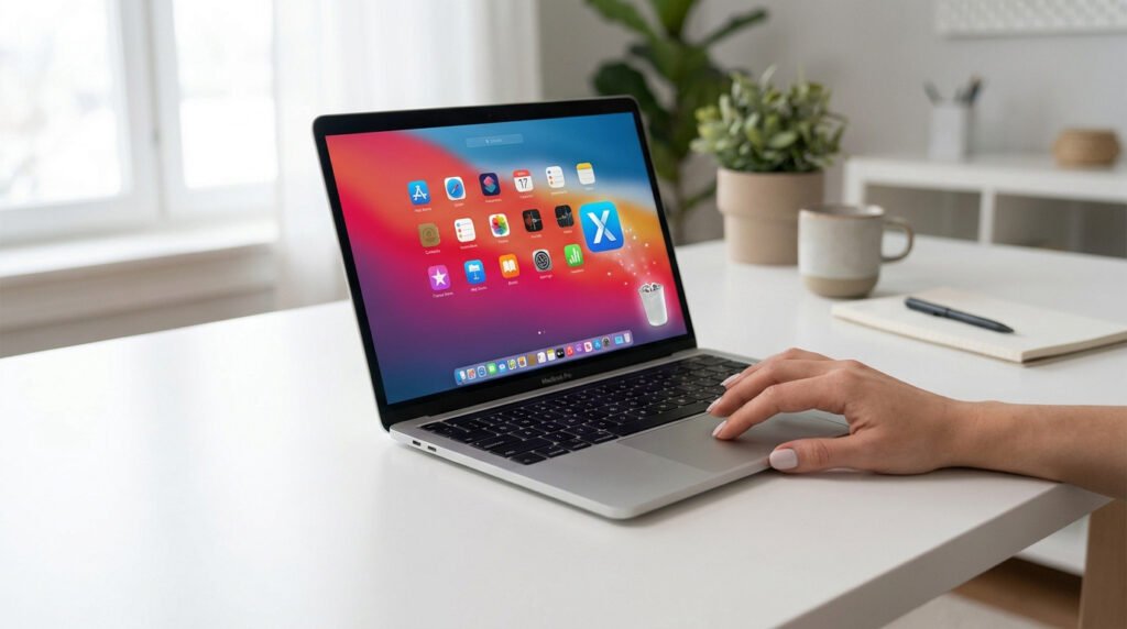 Une personne utilisant un MacBook Pro pour supprimer une application vers la corbeille.