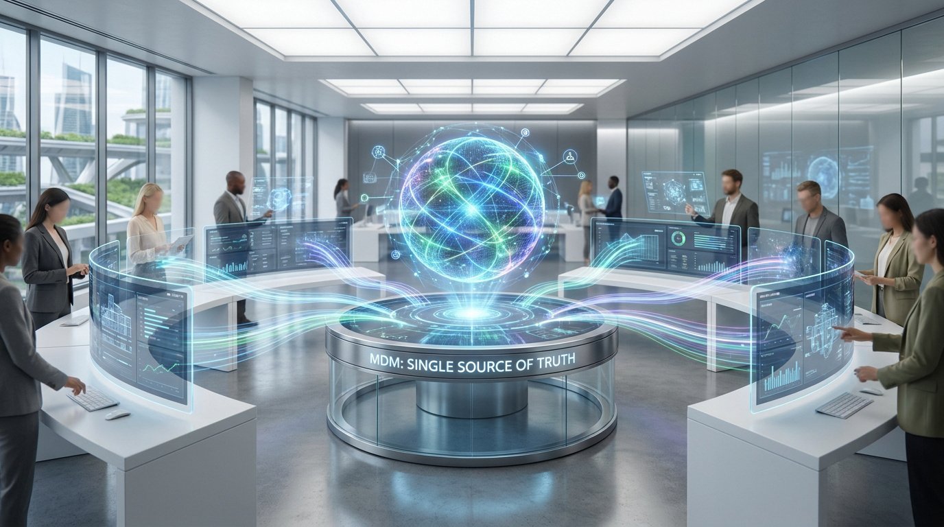 Visualisation futuriste d'un bureau collaboratif avec une sphère de données holographique centrale pour le MDM.