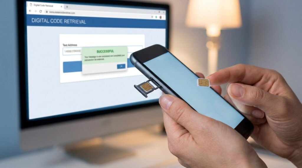 Une personne insère une carte SIM dans un smartphone avec un écran d'ordinateur affichant une récupération de code.
