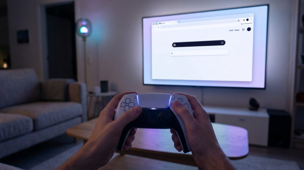 Mains tenant une manette PS5 face à un écran de télévision affichant la page d'accueil de Google.