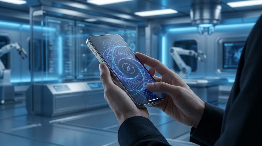 Mains tenant un smartphone futuriste avec un logo Tesla, dans un laboratoire technologique aux reflets bleus.