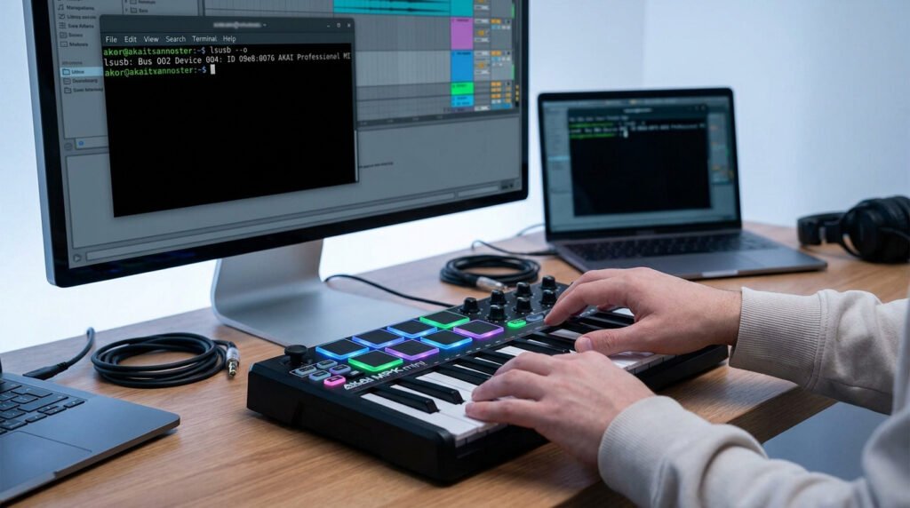 Mains d'un musicien jouant sur un clavier Akai MPK Mini avec un terminal Linux affiché sur les écrans.