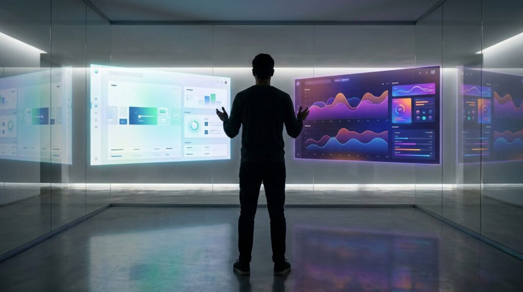Un homme debout dans une pièce futuriste observe des interfaces numériques projetées sur des parois vitrées.