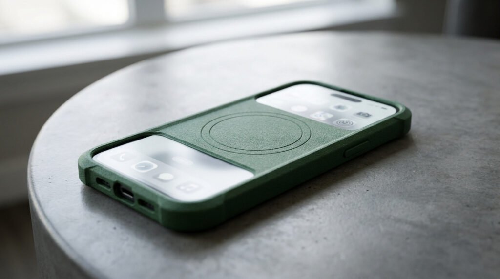 iPhone 16 protégé par une coque de protection verte avec support MagSafe posé sur une table en béton.