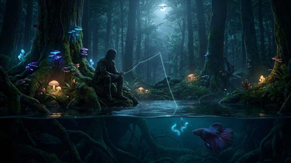Un pêcheur assis sous un arbre bioluminescent tente d'attraper un poisson betta mystique dans une forêt sombre.
