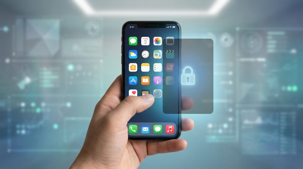 Main tenant un smartphone avec une icône de cadenas numérique symbolisant la sécurité des applications mobiles.